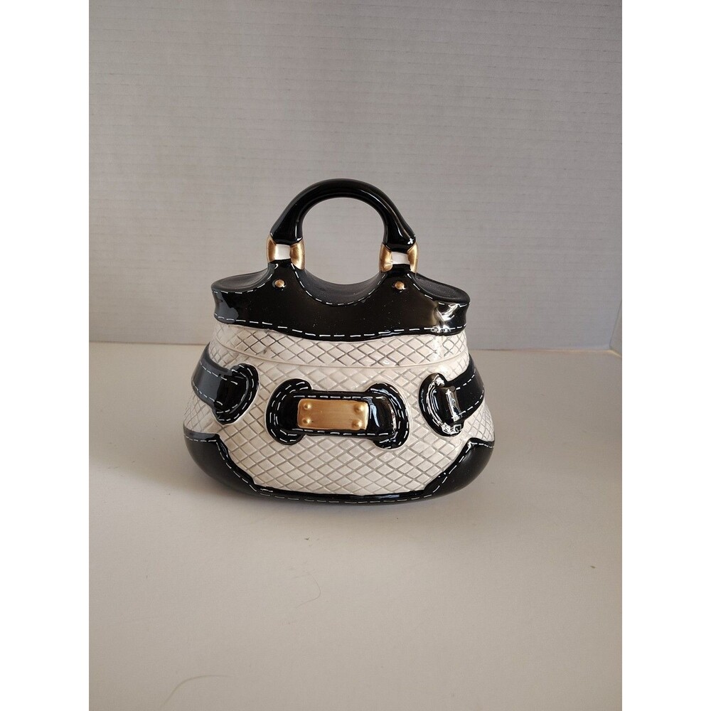 David's Cookies Ceramic Purse Cookie Jar Candy Trinket Dish Black/White/Gold  LL
